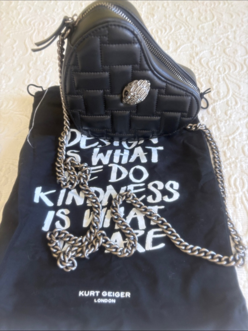 Kurt Geiger Black Quilted Heart Crossbody with Silver Chain